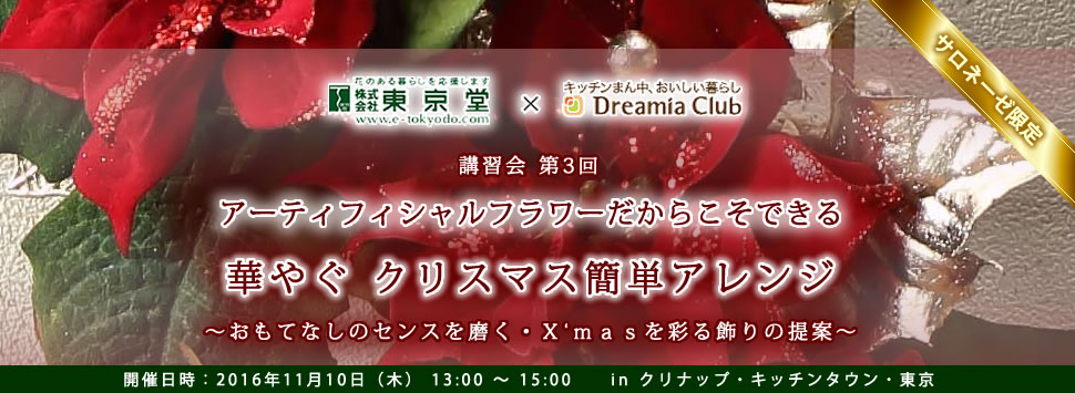 東京堂 X Dreamia Club 講習会第3回アーティフィシャルフラワーだからこそできる 華やぐクリスマス簡単アレンジ